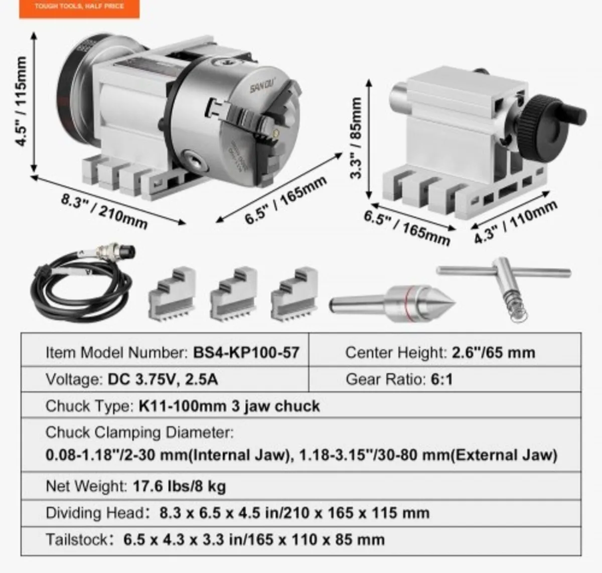 Dividing Head, K11-100mm 3-Jaw Chuck, CNC Router M - Image 4