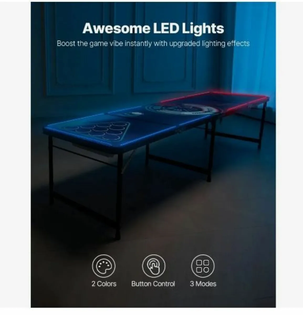 8 Foot Portable Beer Pong Table, LED Lights - Image 2