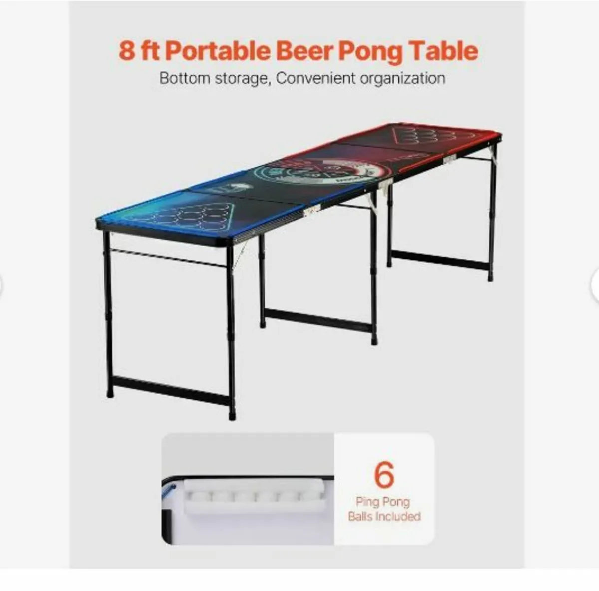8 Foot Portable Beer Pong Table, LED Lights - Image 3