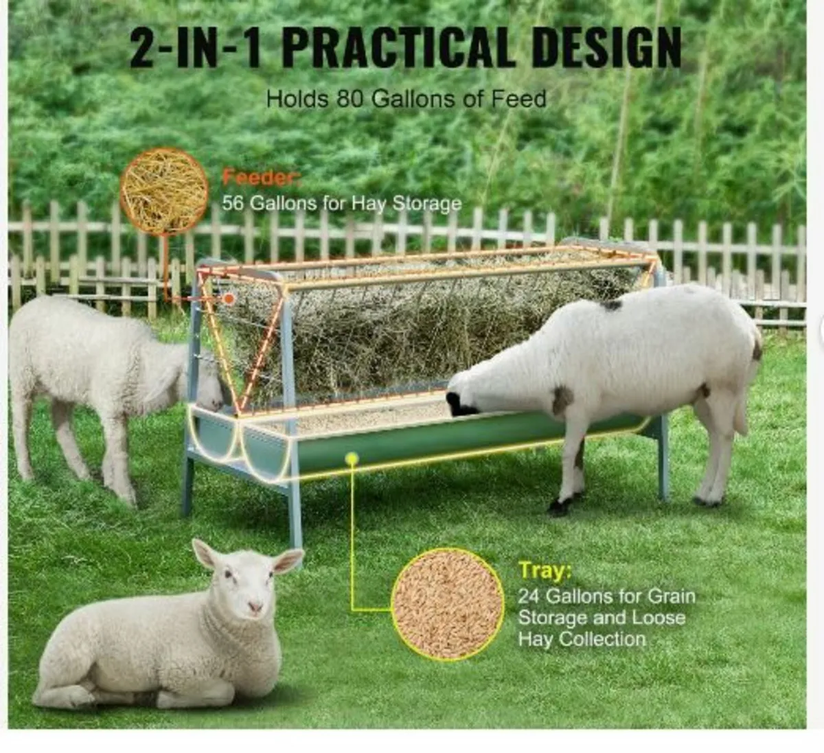 Livestock Hay Feeder, 2 in 1 Grain & Hay Feede - Image 2