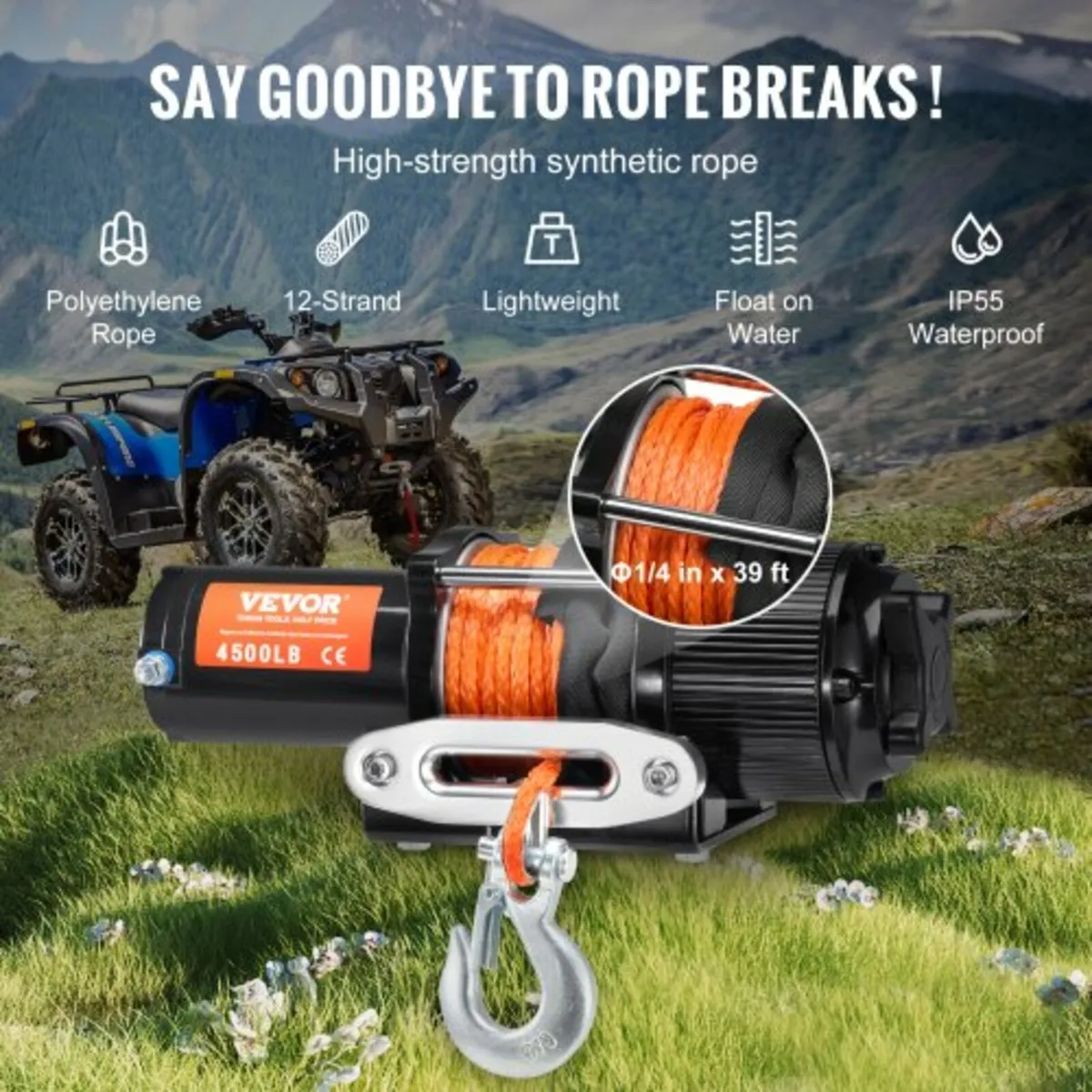 Electric Winch ATV UTV 2041.2 kg Synthetic Rope Wa - Image 3