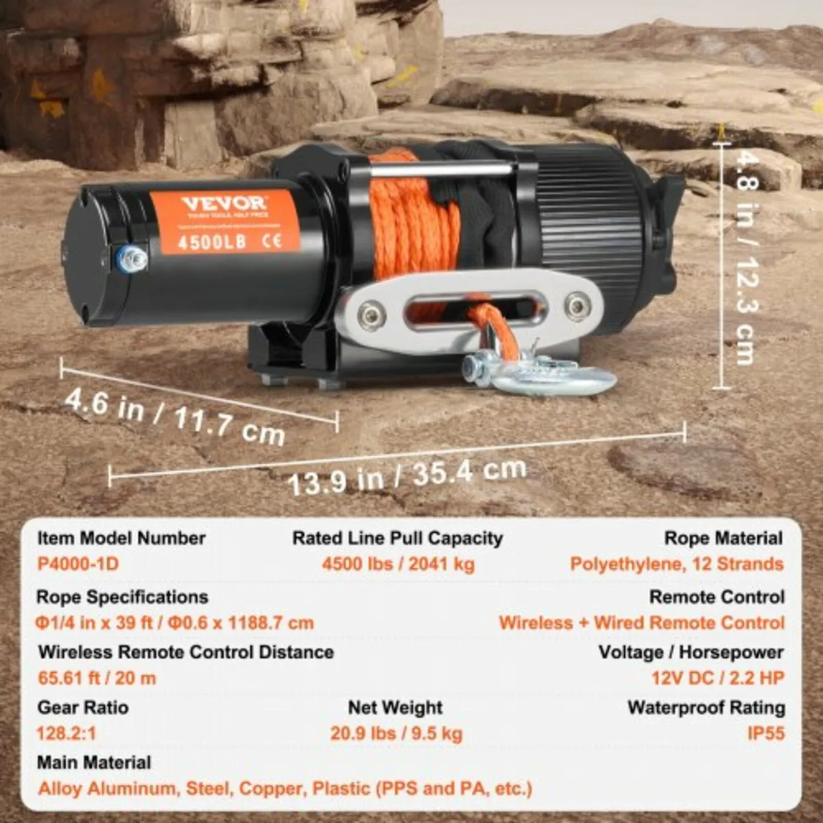 Electric Winch ATV UTV 2041.2 kg Synthetic Rope Wa - Image 4