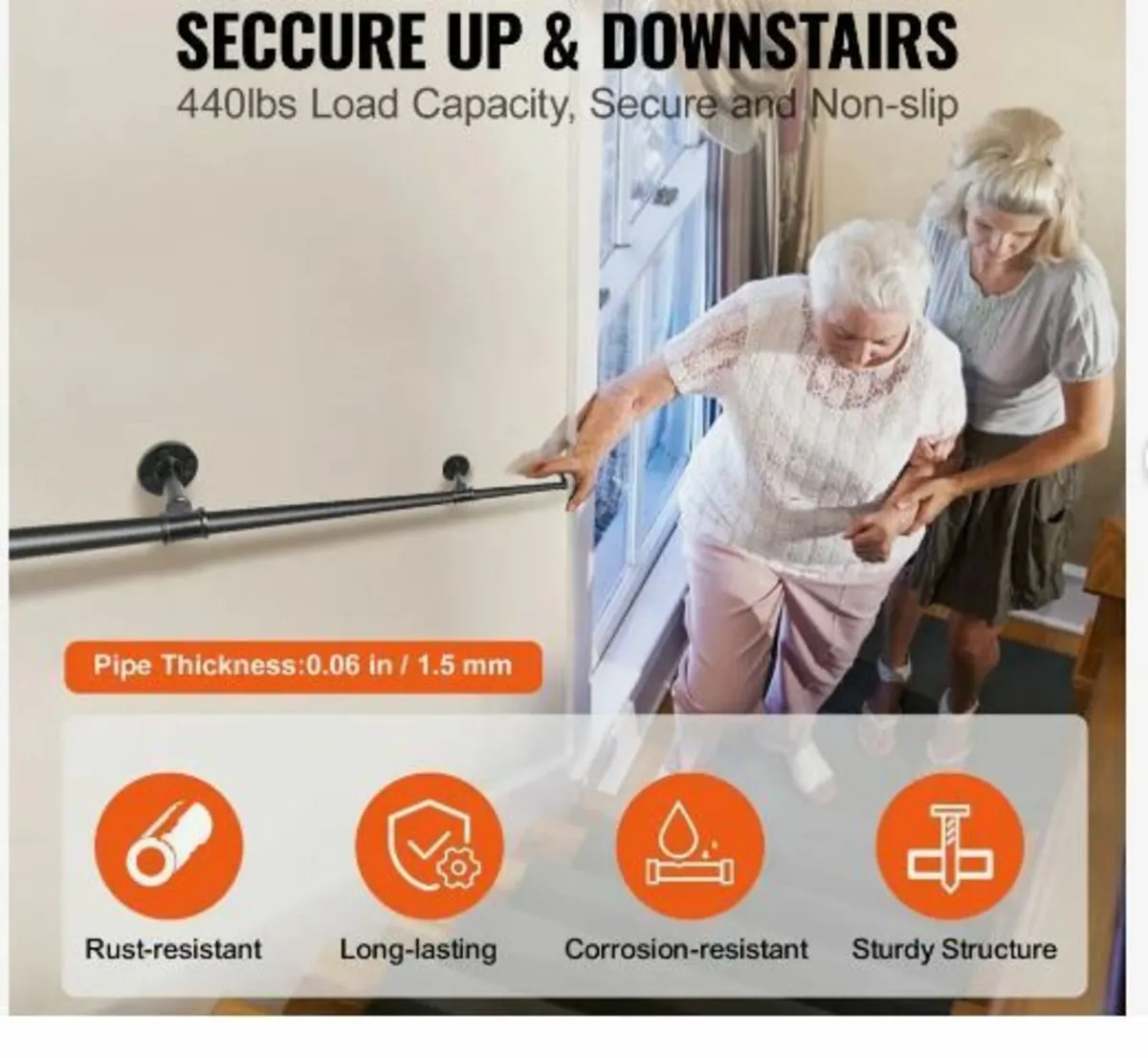 Pipe Stair Handrail, 396.2 cm Staircase Handrail - Image 3