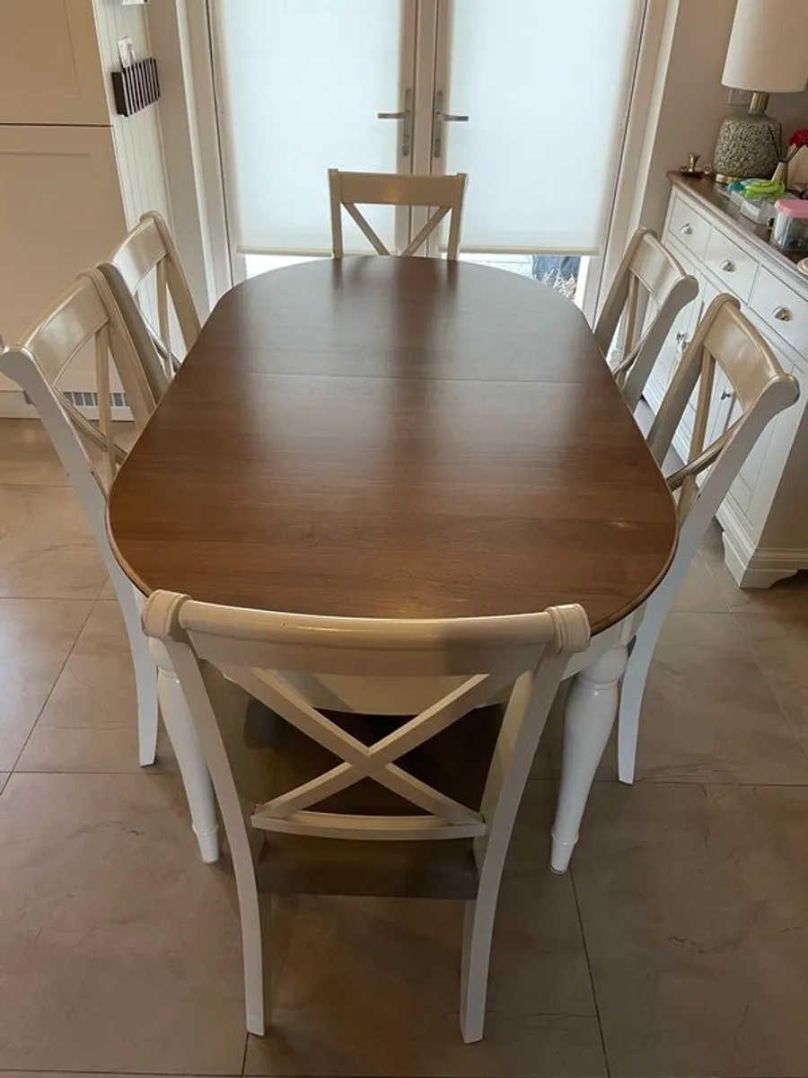Bentley Designs Hampstead Extending Dining Table in Soft Grey and Walnut and 6 Hamstead Two Tone X back chair - Image 1