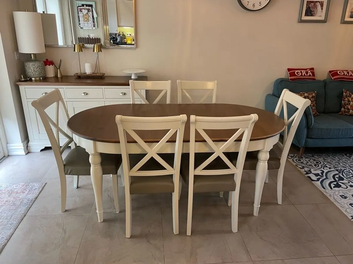 Bentley Designs Hampstead Extending Dining Table in Soft Grey and Walnut and 6 Hamstead Two Tone X back chair - Image 2