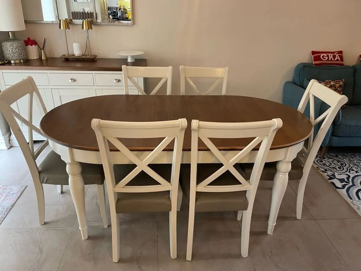 Bentley Designs Hampstead Extending Dining Table in Soft Grey and Walnut and 6 Hamstead Two Tone X back chair - Image 3