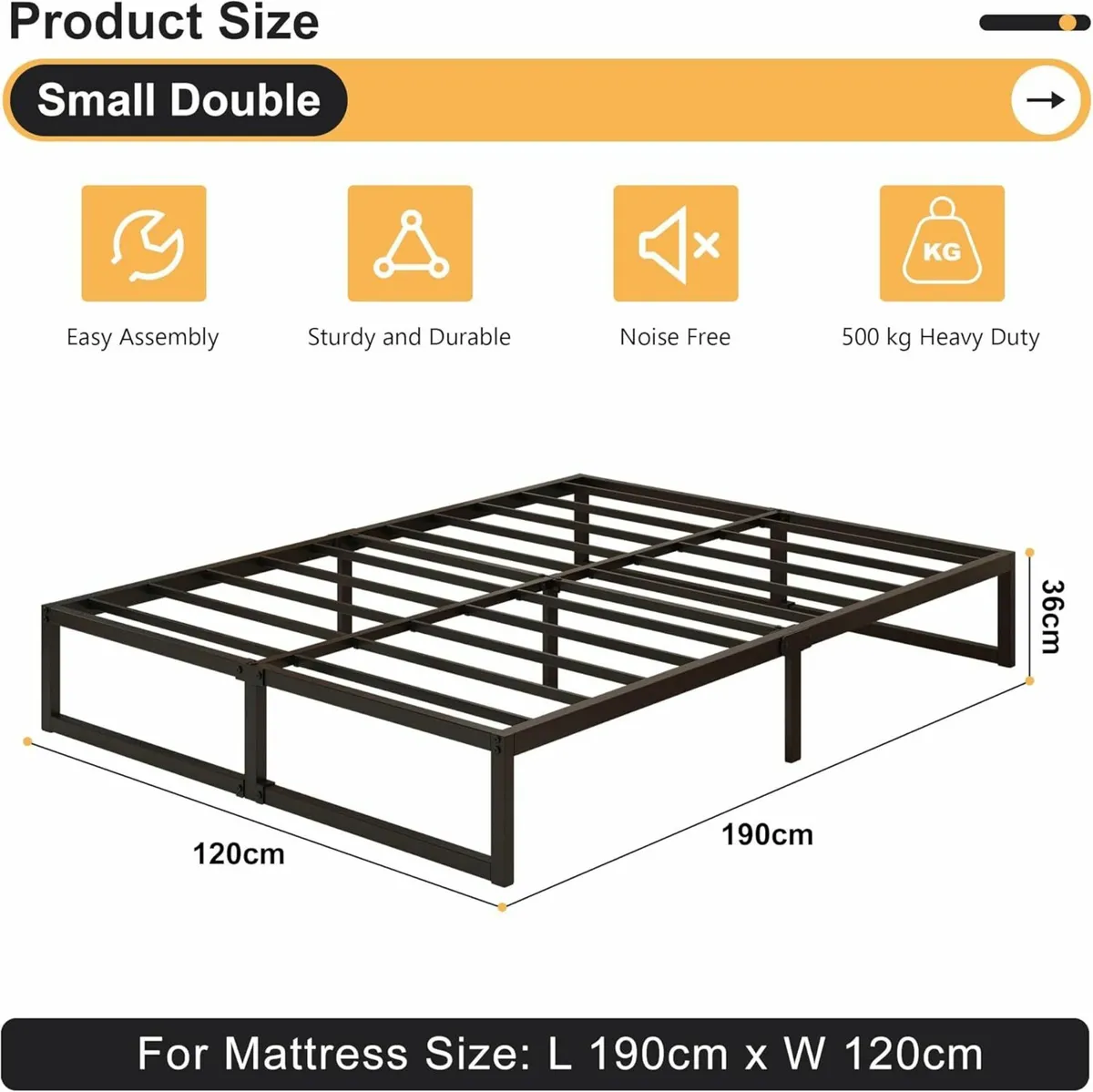 Small Double Bed Frame 120x190 cm Metal Platform - Image 2