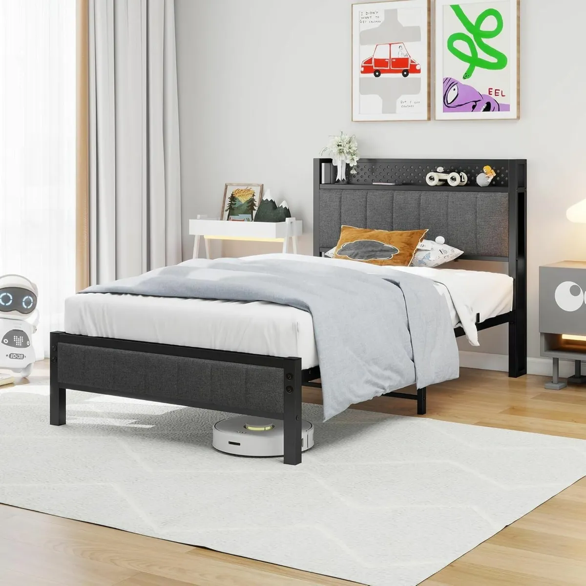 Single Bed Frame with Storage Headboard Shelf 3ft - Image 1