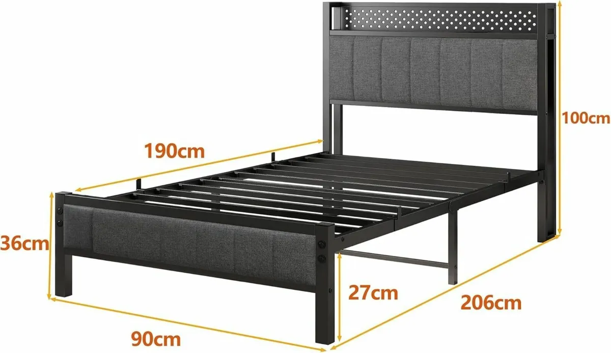 Single Bed Frame with Storage Headboard Shelf 3ft - Image 2