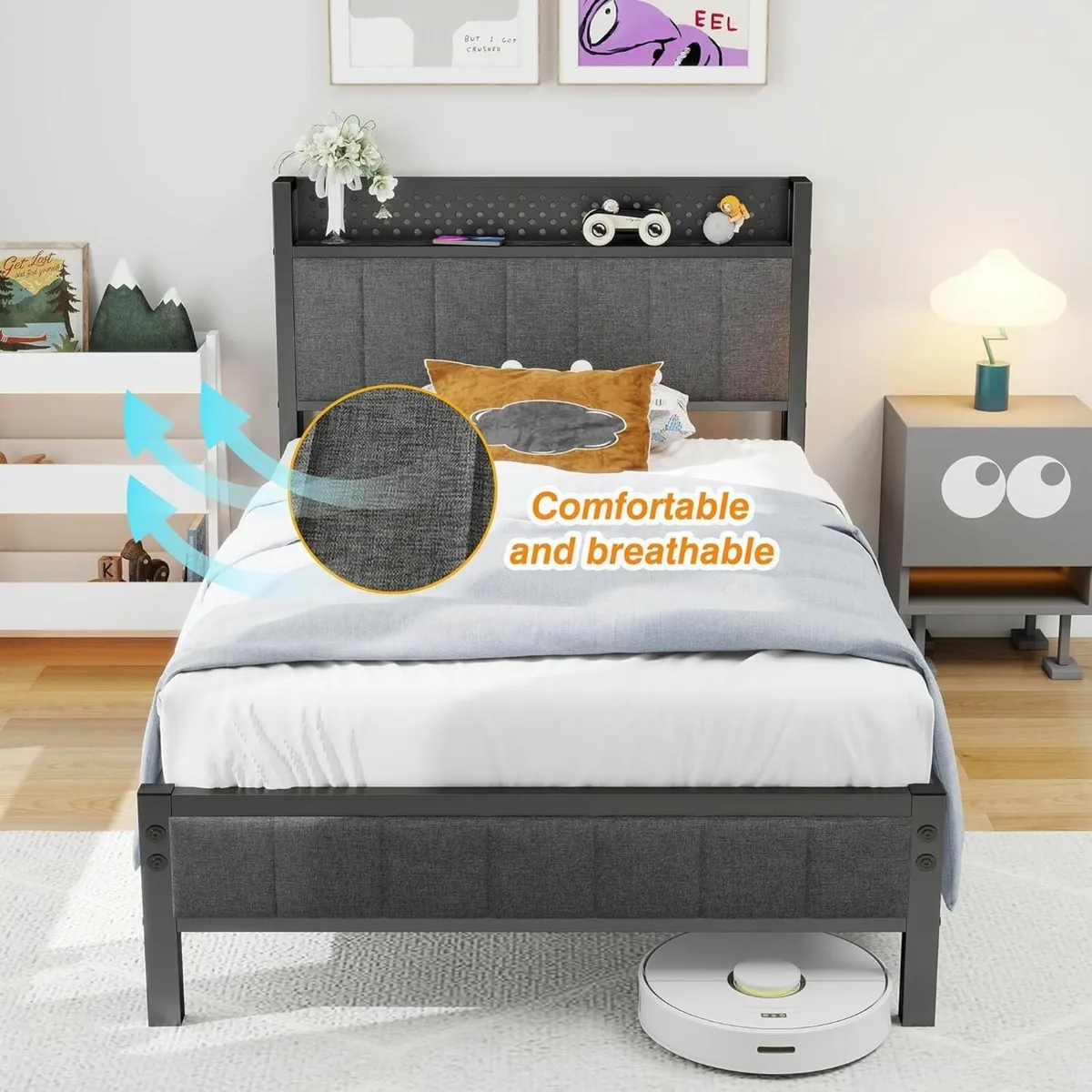 Single Bed Frame with Storage Headboard Shelf 3ft - Image 3