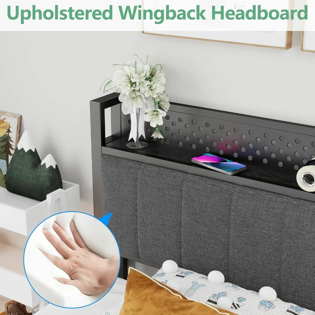 Single Bed Frame with Storage Headboard Shelf 3ft - Image 4