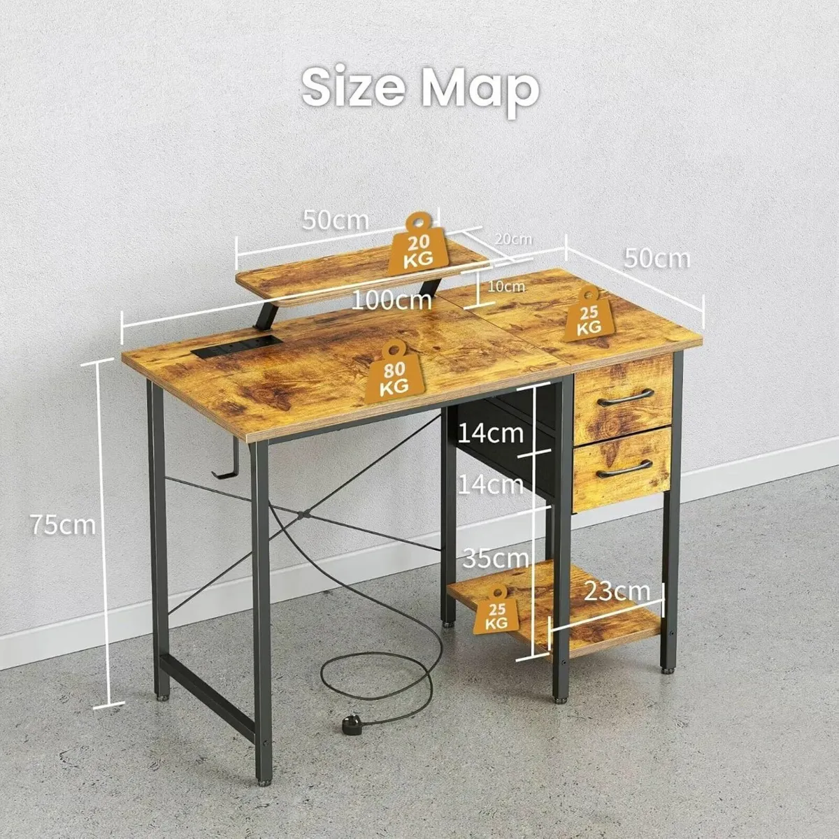 Computer Desk with Drawers Power Outlets 100x50cm - Image 3