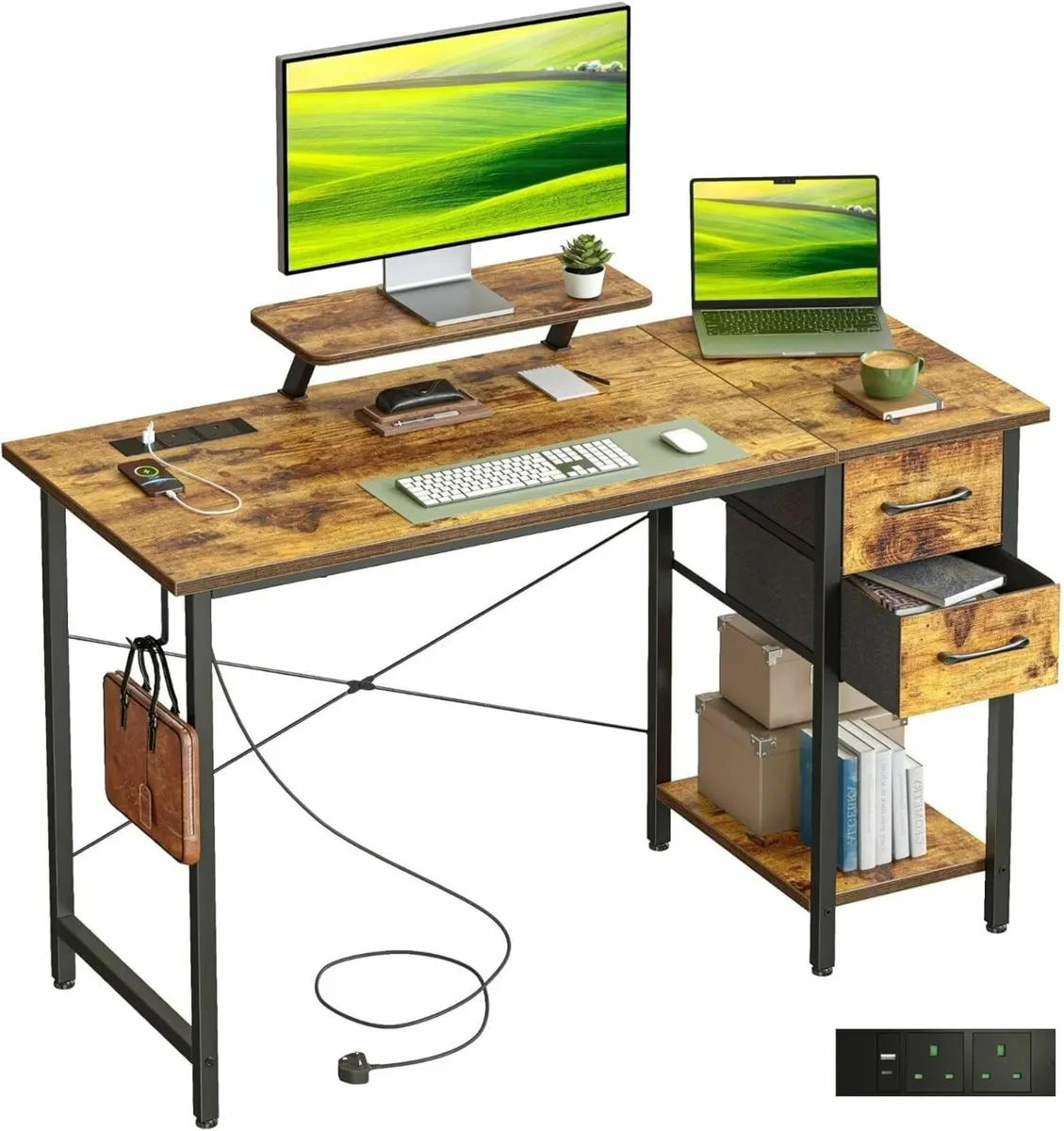 Computer Desk with Drawers Power Outlets 100x50cm - Image 1