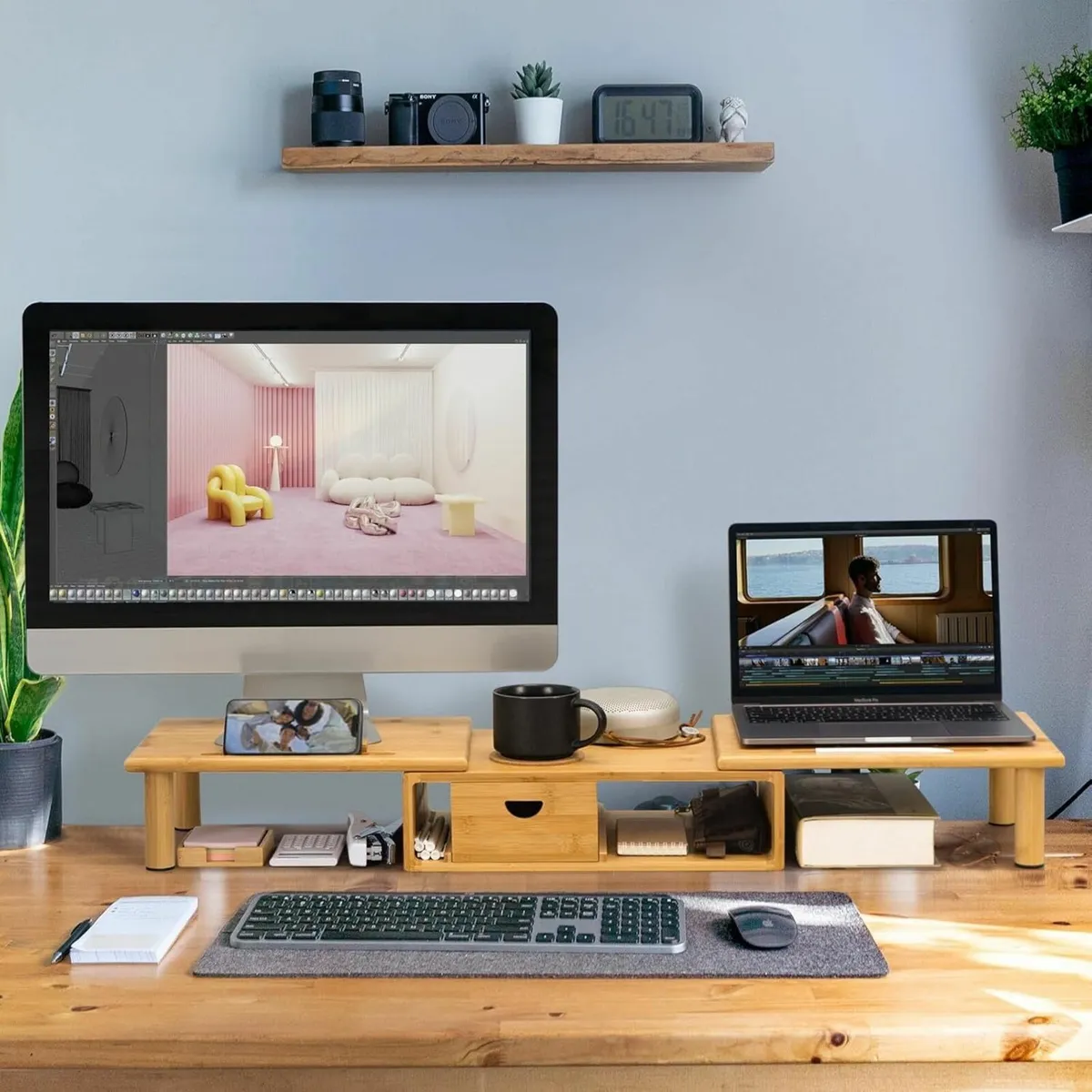 Bamboo Dual Monitor Shelf for 2 Monitors Stand - Image 4
