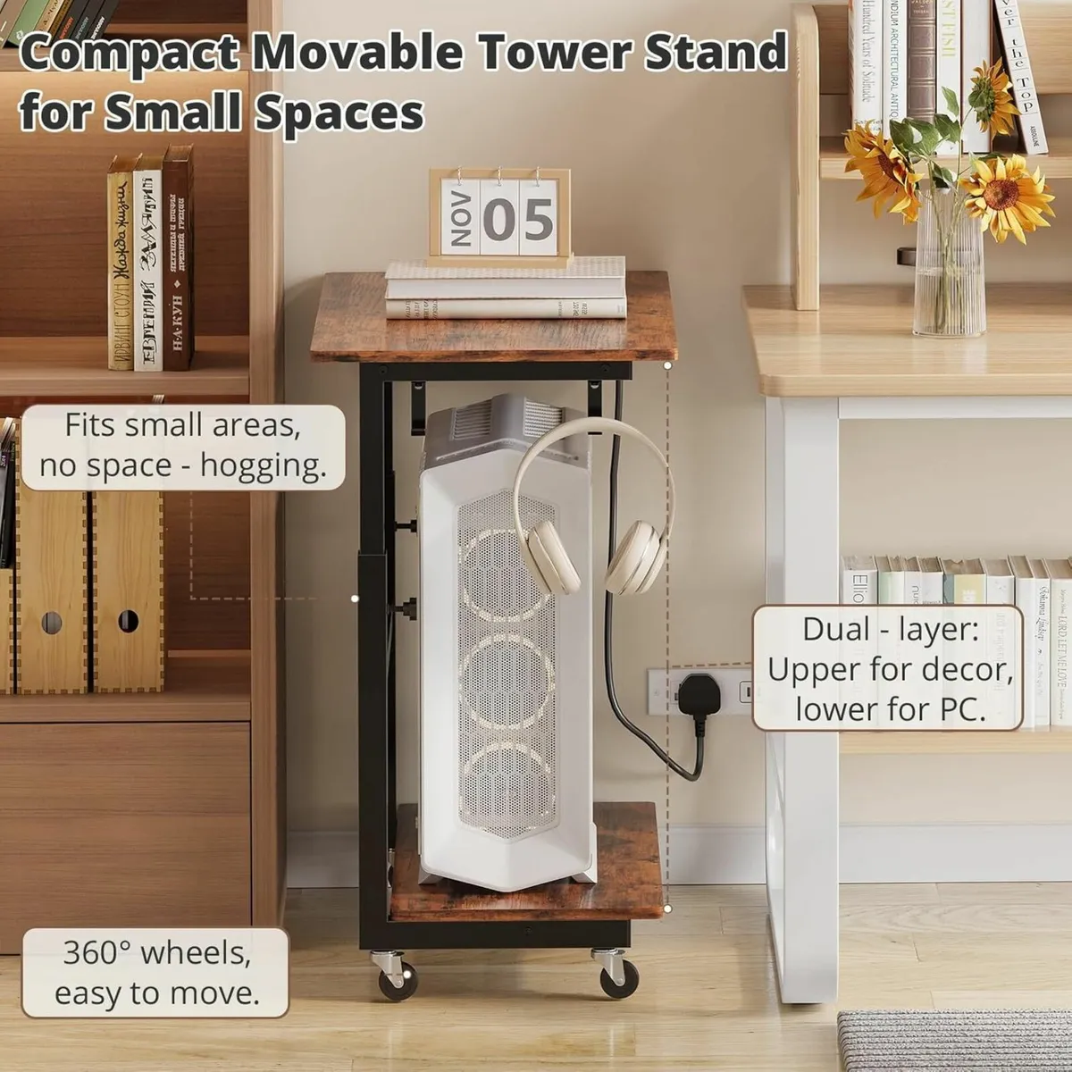 2-Tier Computer Tower Stand with Power Outlet - Image 3