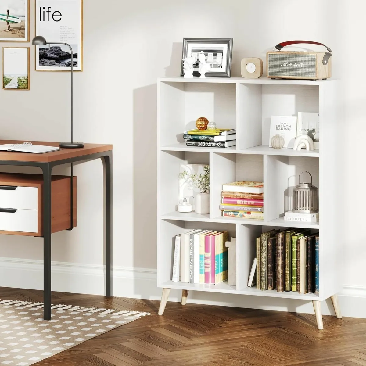 7 Cube Bookshelf 3 Tier Modern White Bookcase - Image 2