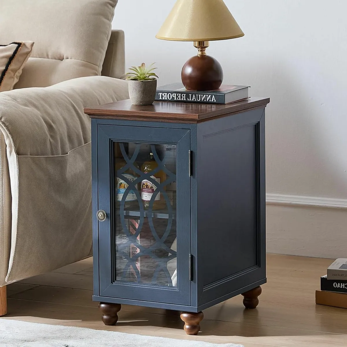 Slim Bedside Table with Glass Door Storage 14'' - Image 1