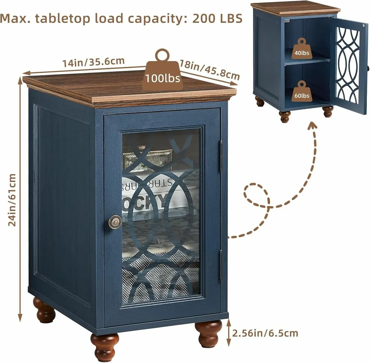 Slim Bedside Table with Glass Door Storage 14'' - Image 2