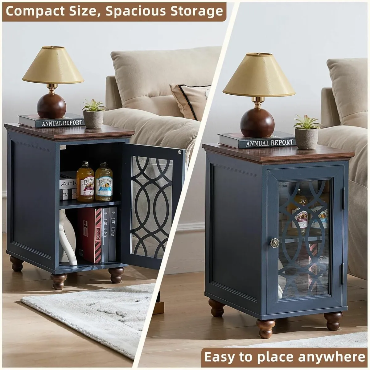 Slim Bedside Table with Glass Door Storage 14'' - Image 4
