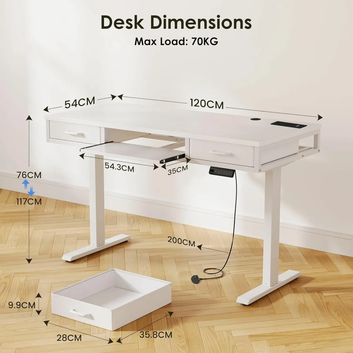 Height Adjustable Desk with Double Drawers 120 cm - Image 3