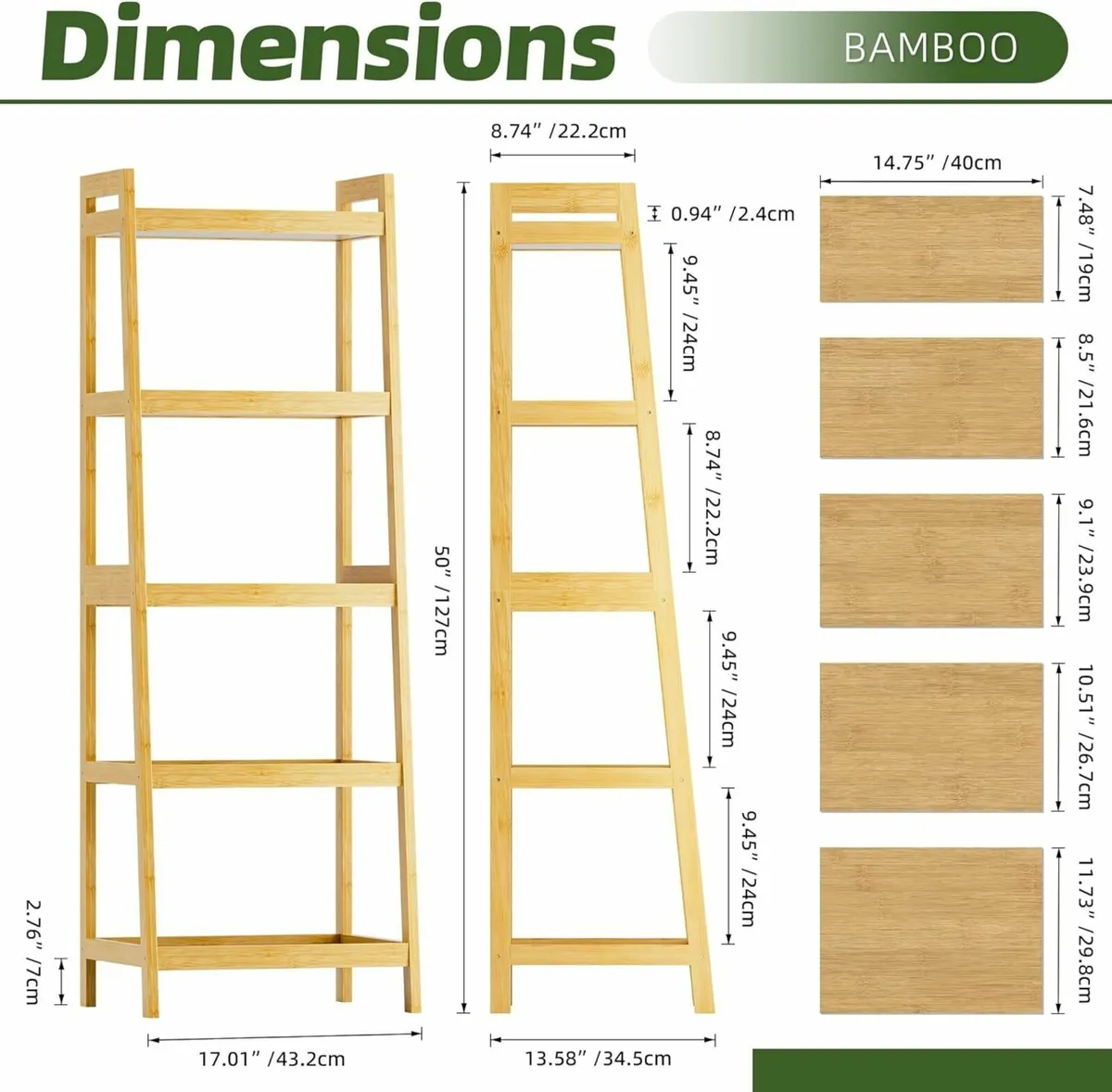 Bookshelf 5 Tier Ladder Bookcase with Bamboo - Image 3