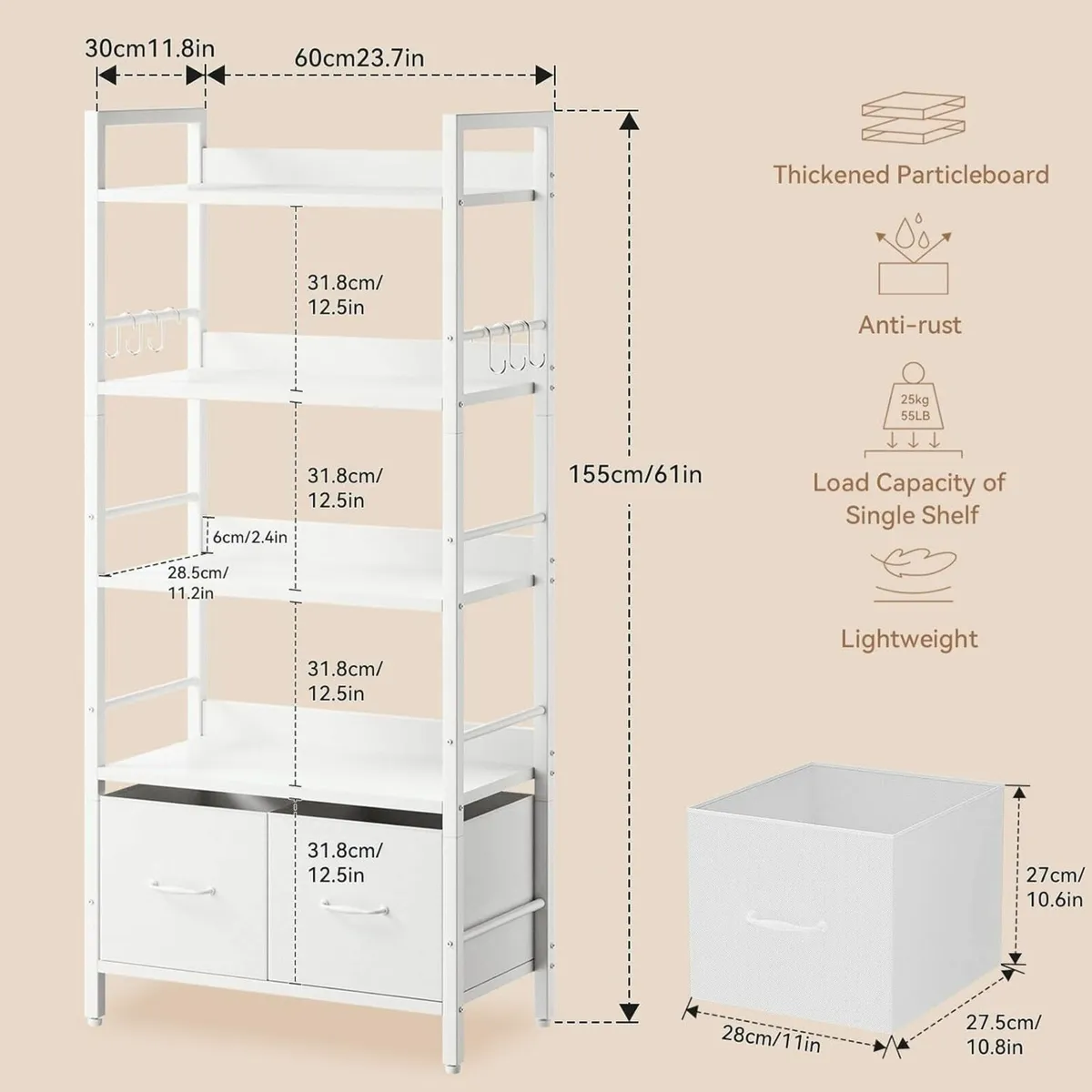 Shelf Bookcase 5 Tier Bookshelves With 2 Fabric - Image 3