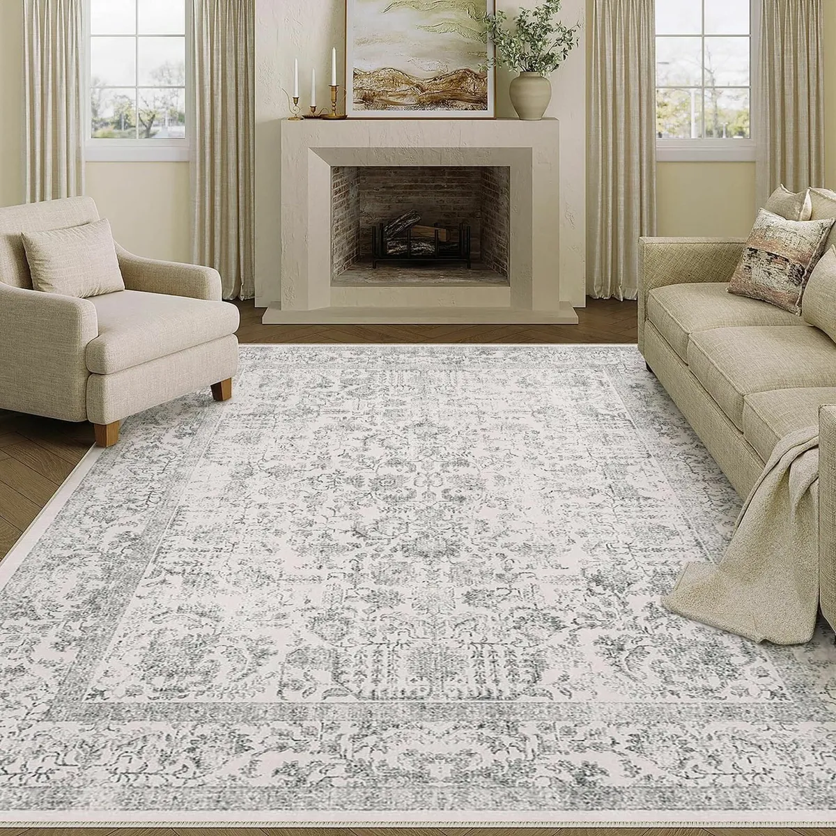 Vintage Grey Rugs Living Room Washable Non Slip - Image 1