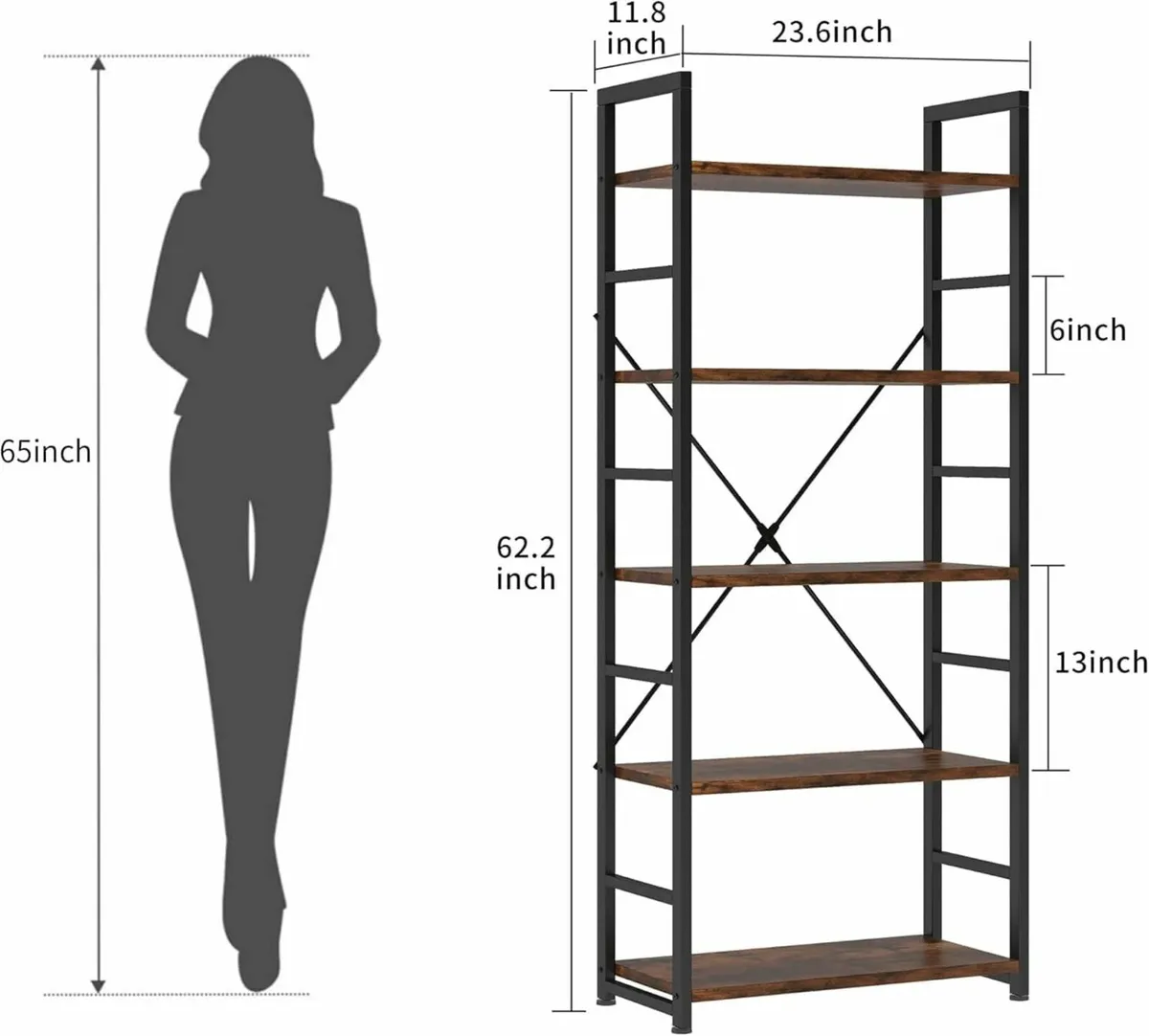 Industrial Bookshelf 5-Tier 24.8 Rustic Brown - Image 2