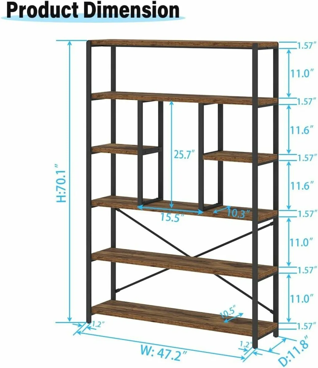 Rustic Bookcase and BookShelf Metal Wood 6 Tier - Image 2