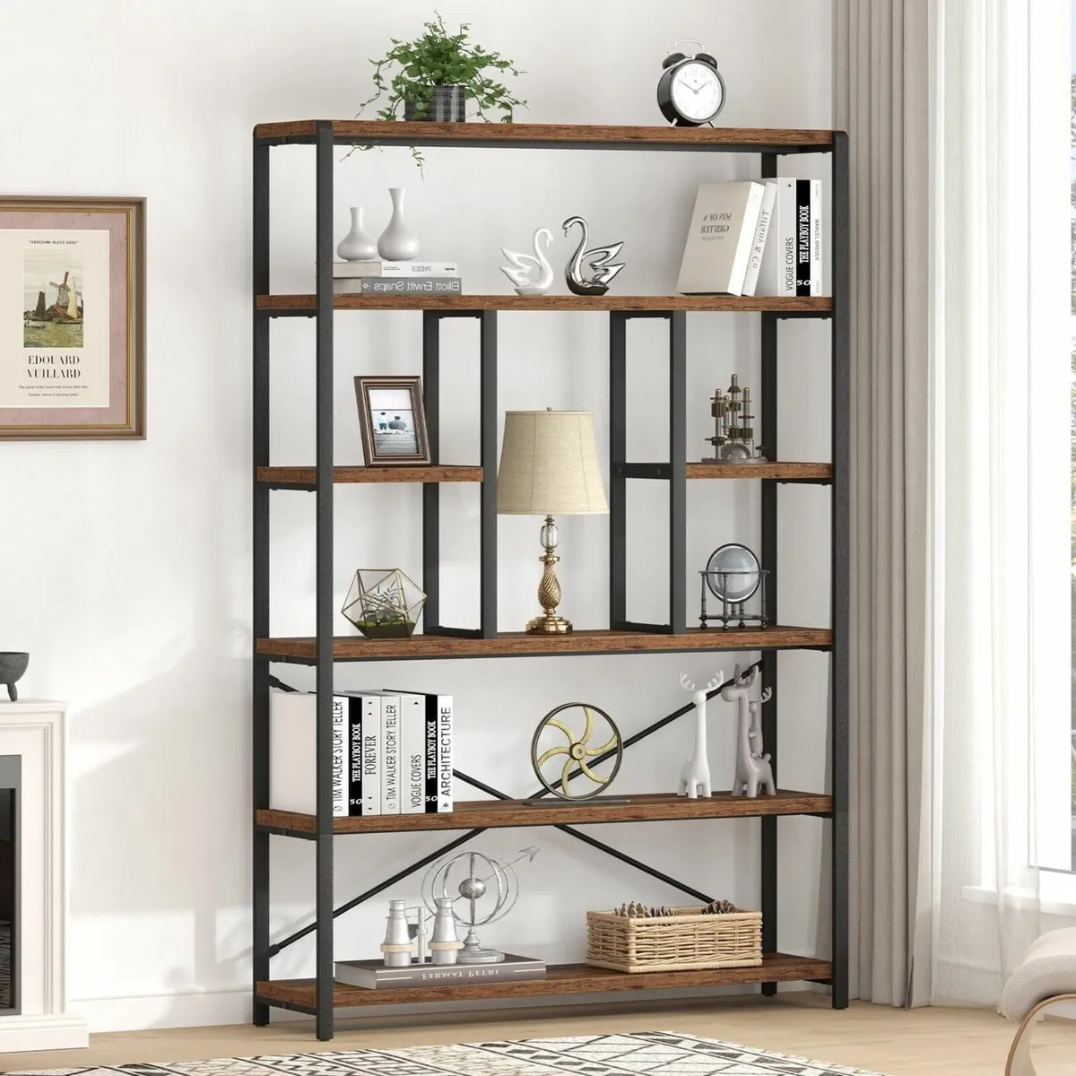Rustic Bookcase and BookShelf Metal Wood 6 Tier - Image 3