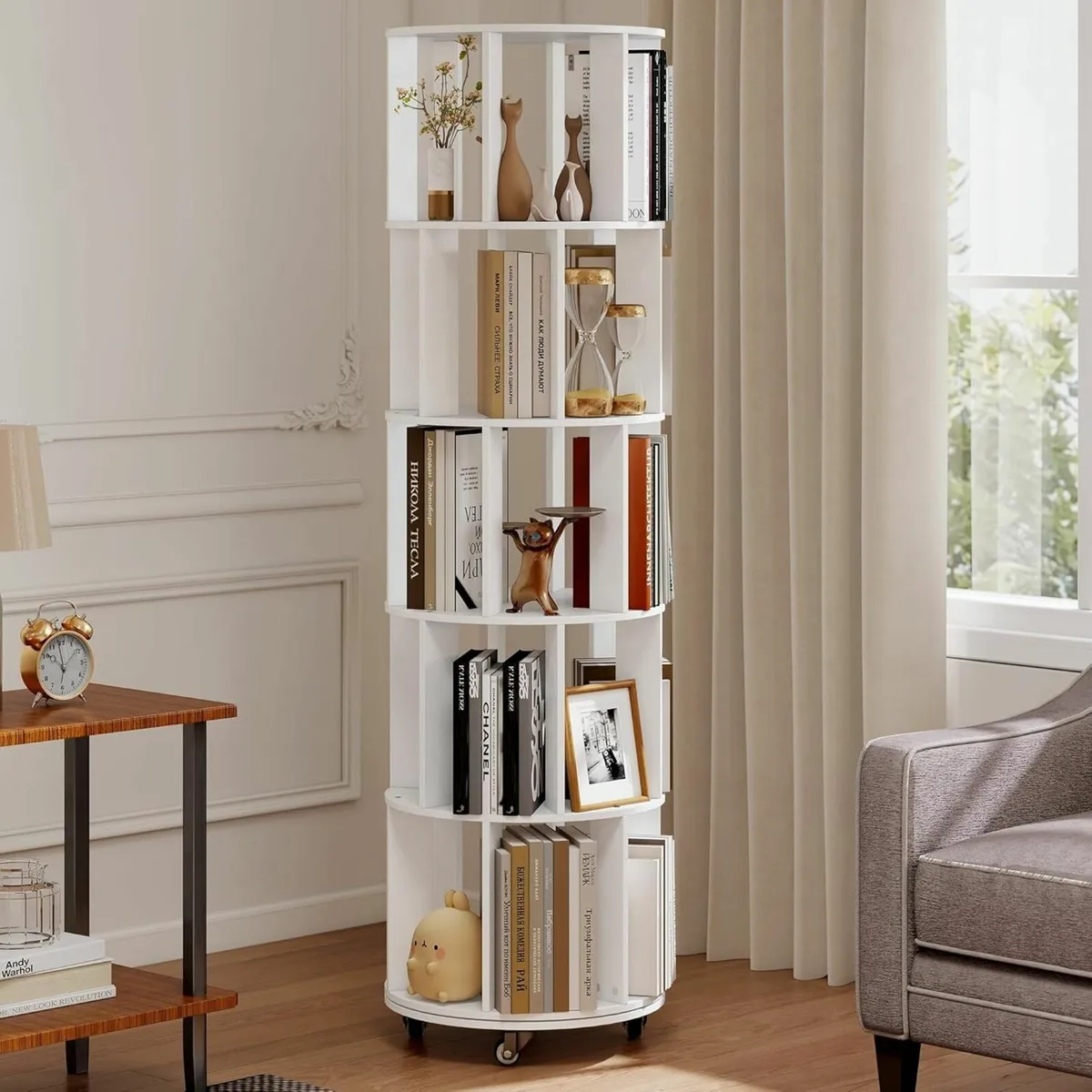 5-Tier Rotating Bookshelf Bookcase (White) - Image 1