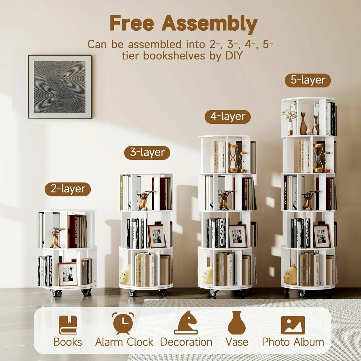 5-Tier Rotating Bookshelf Bookcase (White) - Image 4