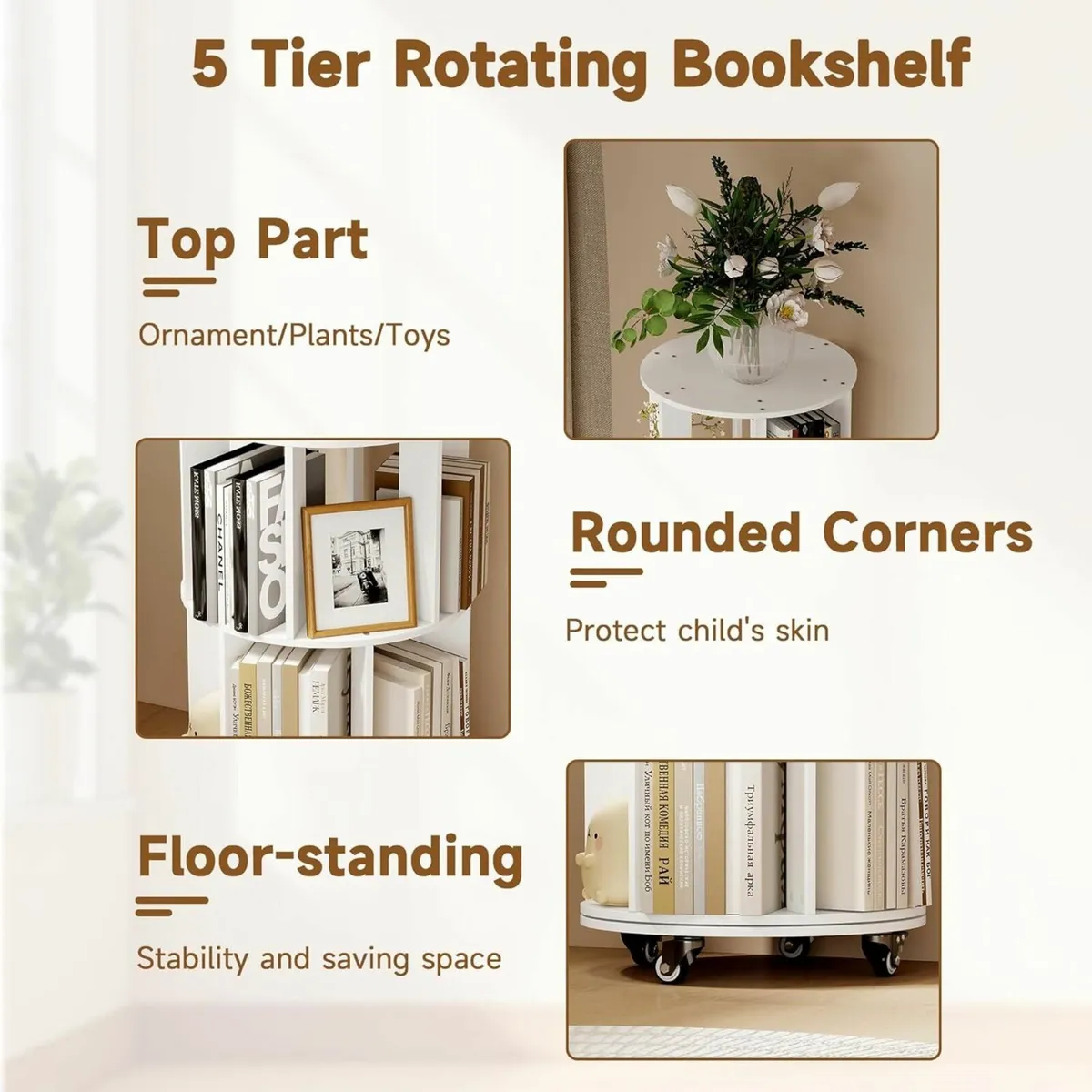 5-Tier Rotating Bookshelf Bookcase (White) - Image 3