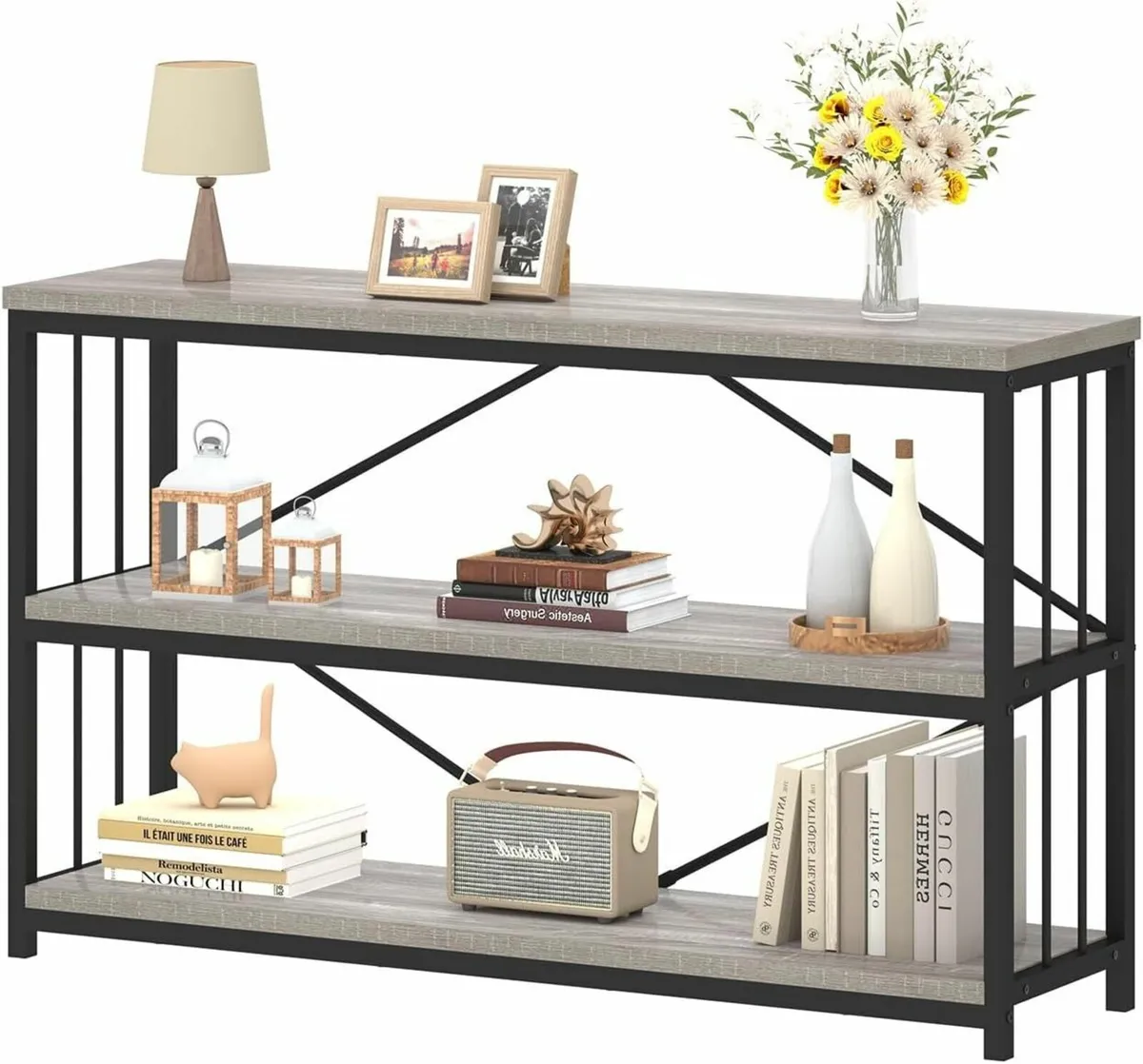 47 Gray 3 Tier Low Bookcase Industrial Modern - Image 1