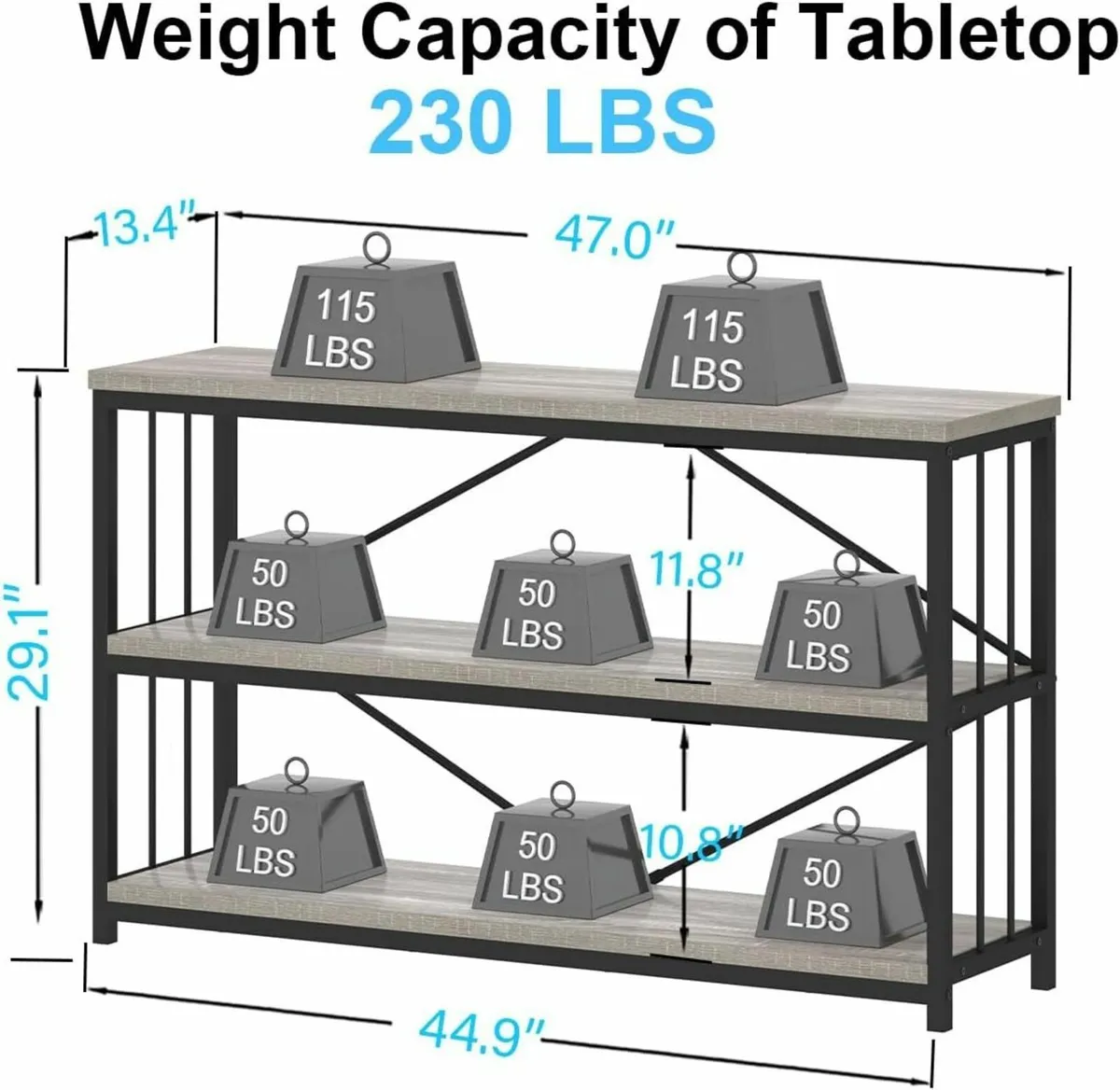 47 Gray 3 Tier Low Bookcase Industrial Modern - Image 3