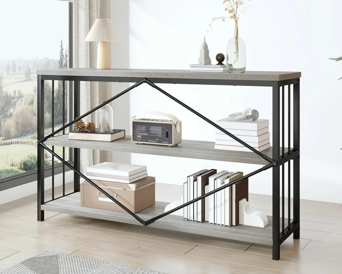 47 Gray 3 Tier Low Bookcase Industrial Modern - Image 4