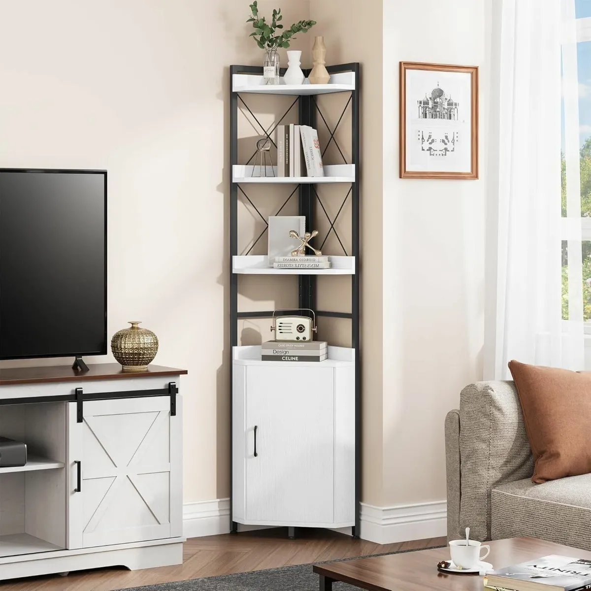 Corner Shelf 4 Tiers Industrial Bookshelf with - Image 1