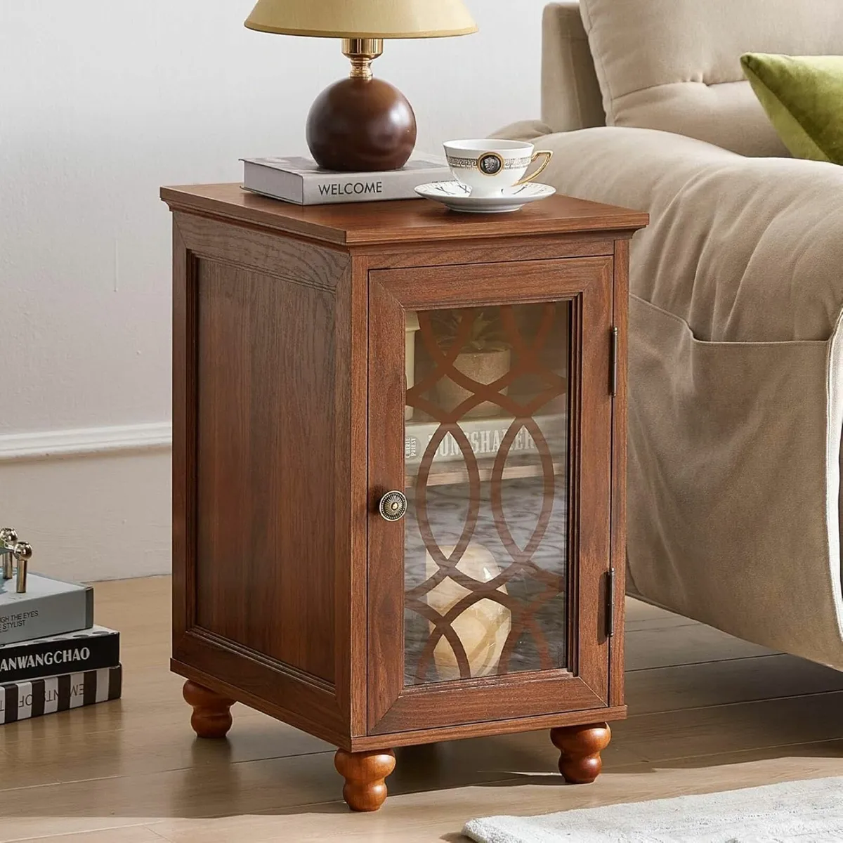 Slim Bedside Table with Glass Door Storage 14'' - Image 1