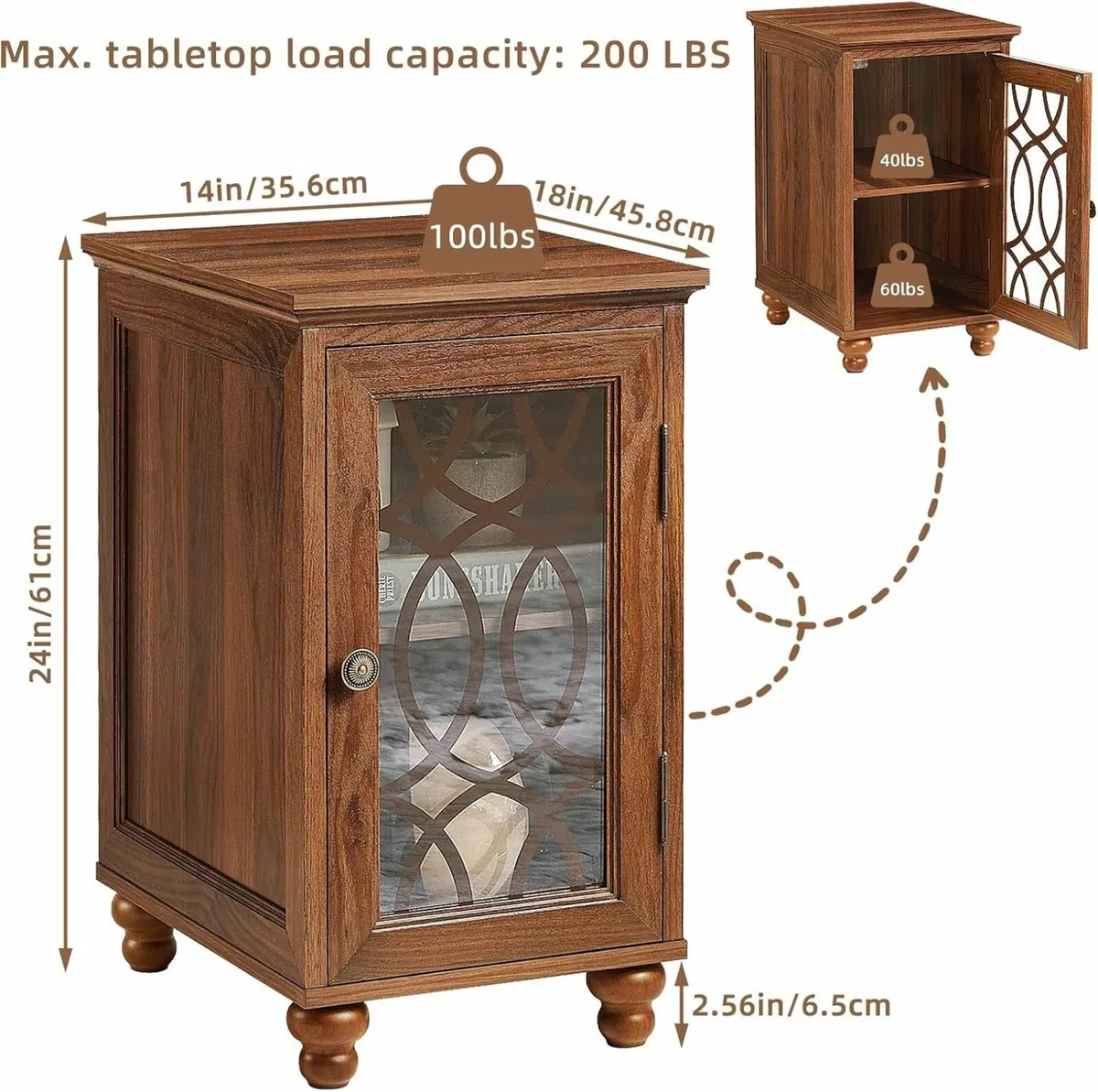 Slim Bedside Table with Glass Door Storage 14'' - Image 2