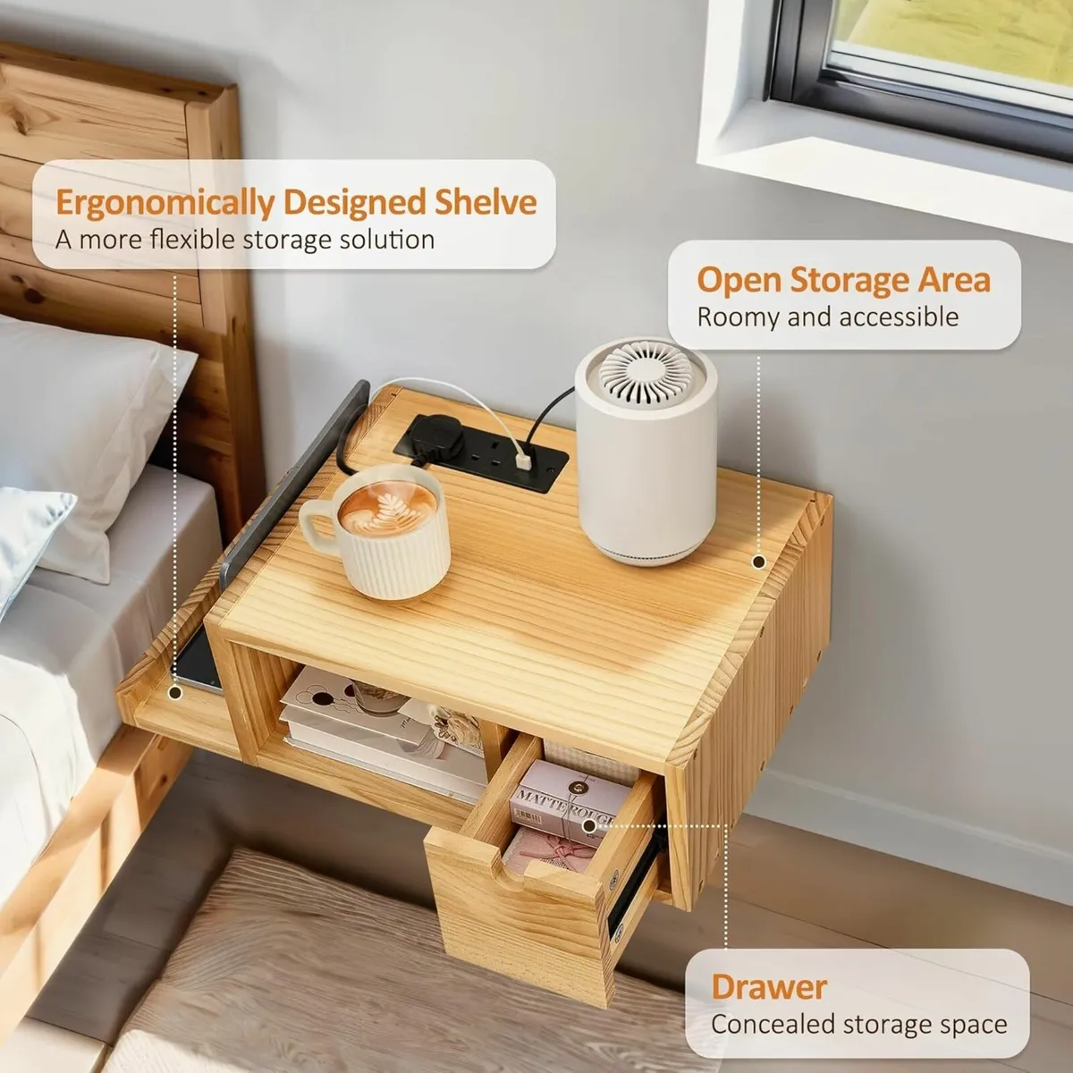 Floating Bedside Table with Charging Station - Image 4