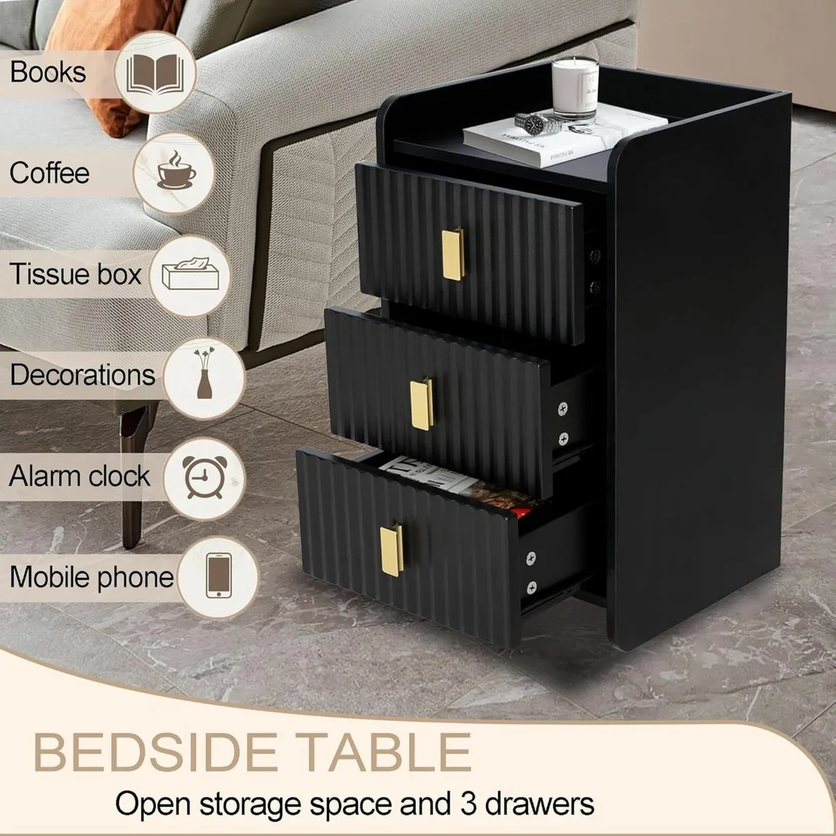 Bedside Table with 3 Drawers - Modern Nightstand - Image 4