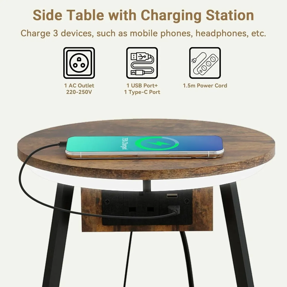 Side Table with Charging Station Small Round - Image 4