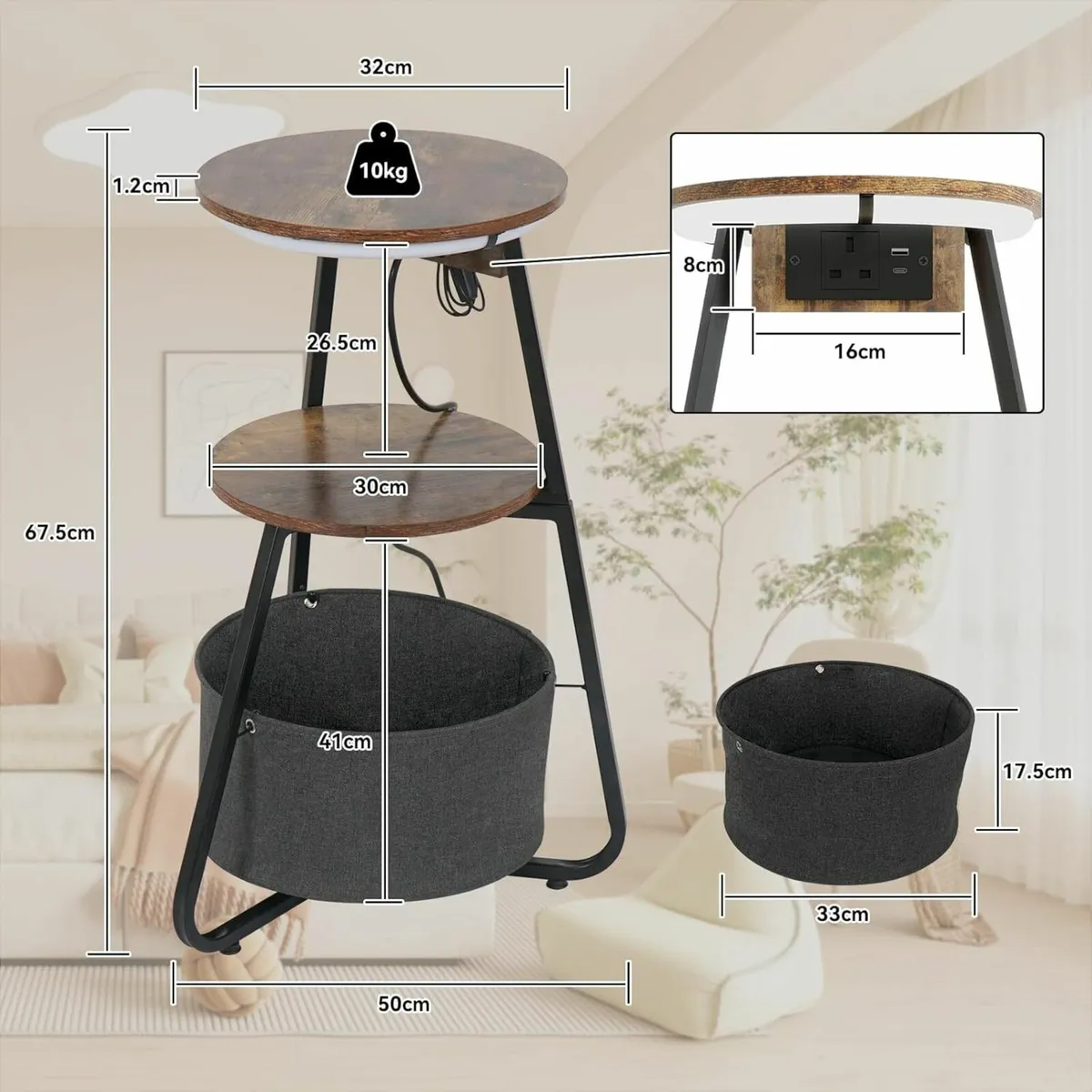 Side Table with Charging Station Small Round - Image 2