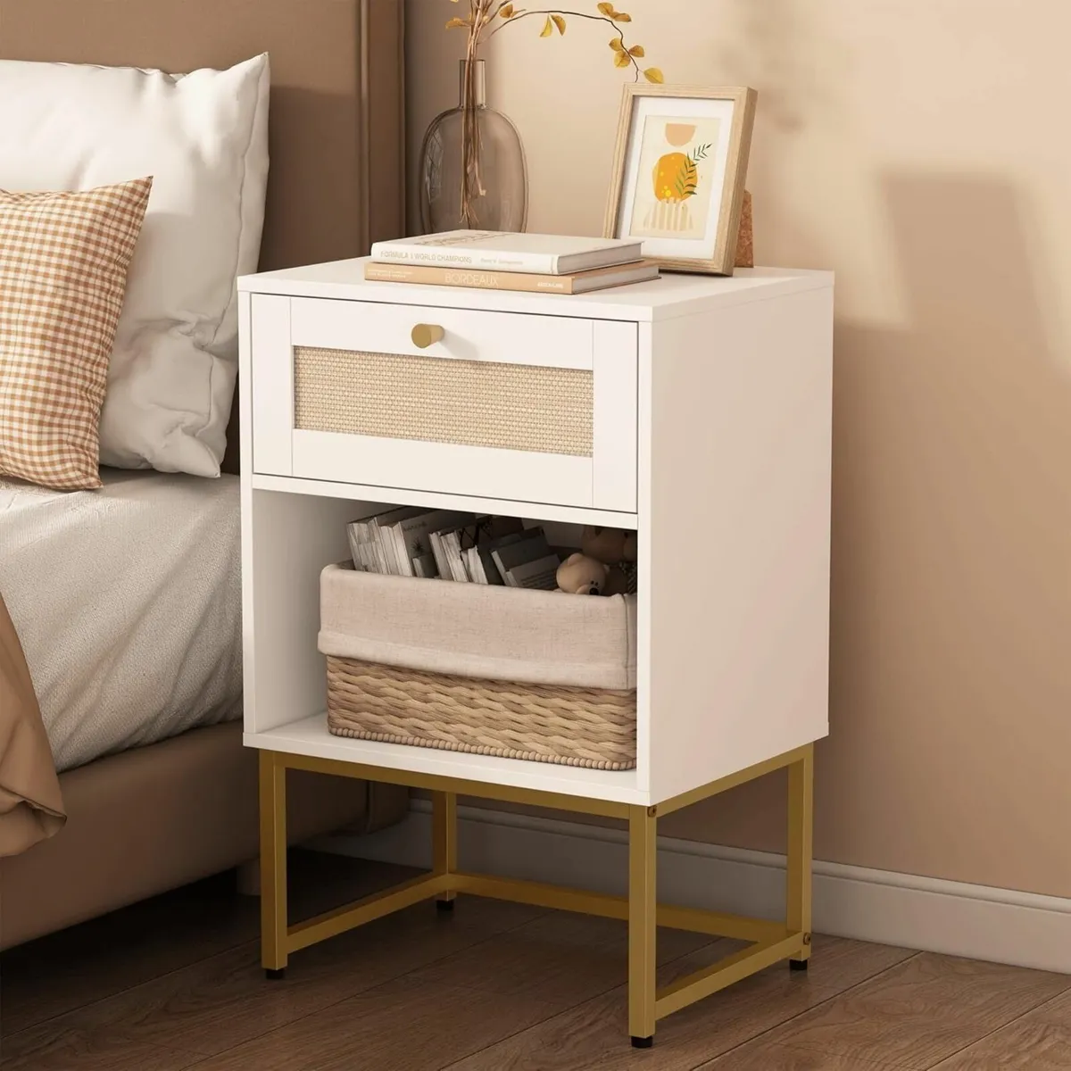 Rattan Bedside Table Farmhouse Wood Nightstand - Image 1