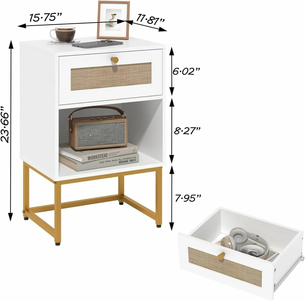 Rattan Bedside Table Farmhouse Wood Nightstand - Image 2