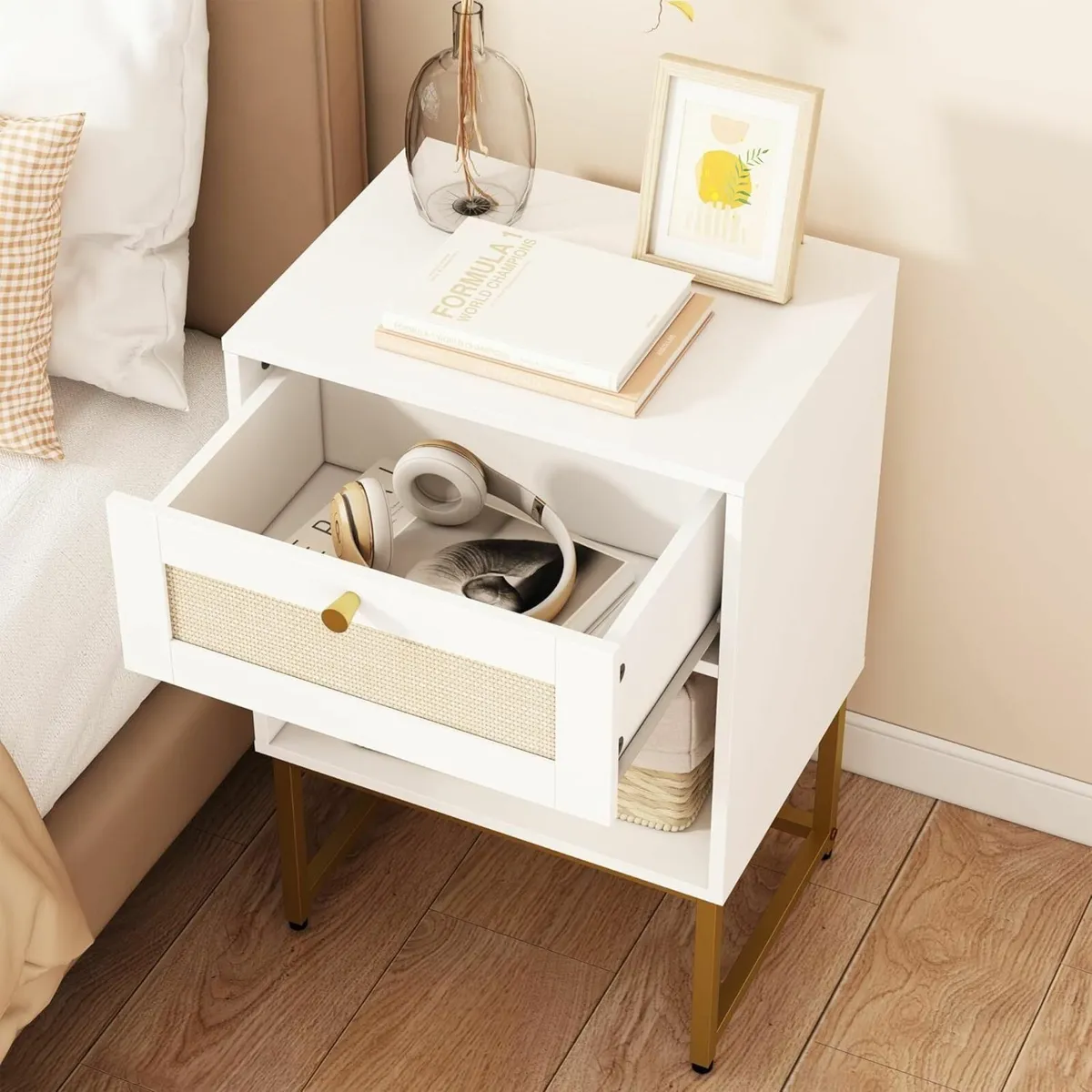 Rattan Bedside Table Farmhouse Wood Nightstand - Image 4