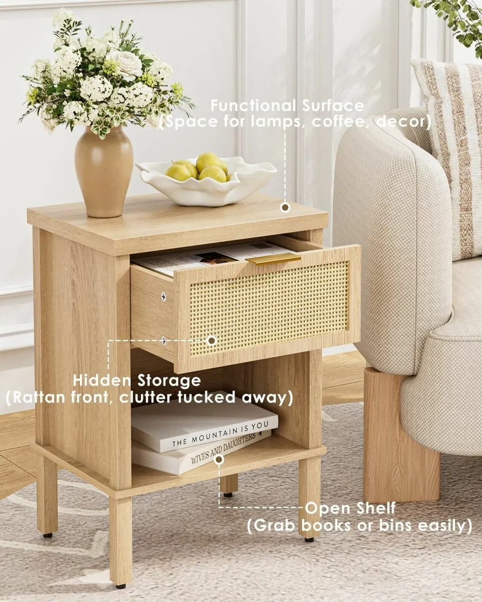 Rattan Bedside Table Wooden Side Boho Nightstand - Image 3