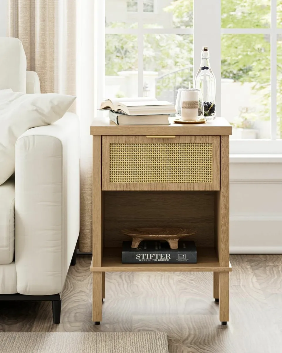 Rattan Bedside Table Wooden Side Boho Nightstand - Image 4