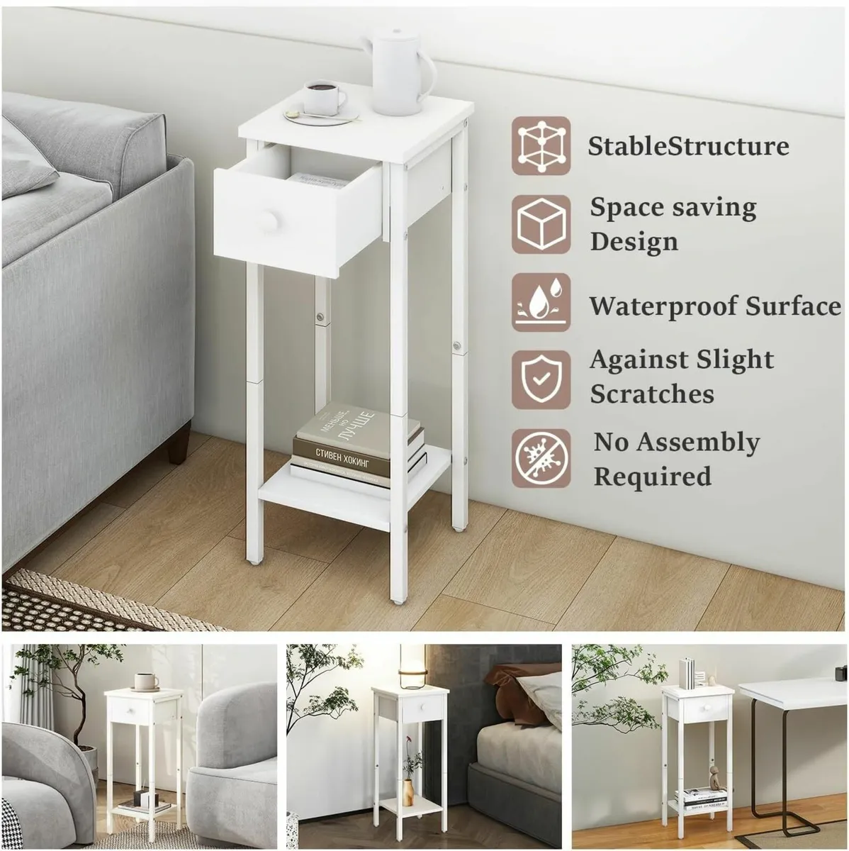 Slim Bedside Table Set of 2 Narrow Nightstand - Image 4