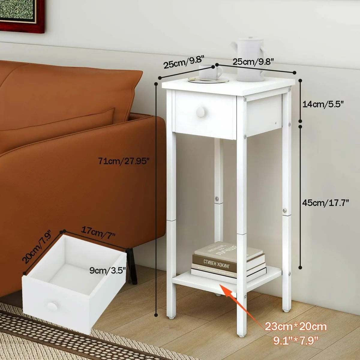 Slim Bedside Table Set of 2 Narrow Nightstand - Image 3